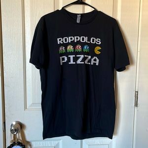 Size Large and Size medium black TNMNT/Pac Man style roppolos pizza t-shirts
